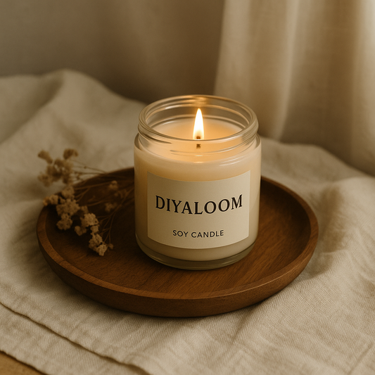 A lit Diyaloom soy candle on a wooden tray surrounded by calming elements like dried flowers, linen cloth, and natural light -