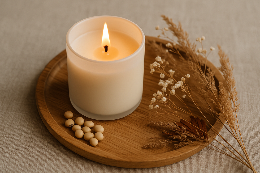 Hand-poured soy candle from Diyaloom burning cleanly on a wooden tray with dried flowers